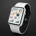 Smartwatch with a white band and a black strap, displaying a digital dashboard titled Royalty Free Stock Photo