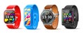 Smartwatches set. Realistic electronic sportbands angle view, wearable wrist accessories, multifunctional gadgets