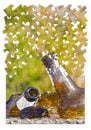 Smashed bottle of beer resting on the ground - Address the alcoholism issue - Concept image in jigsaw puzzle shape Royalty Free Stock Photo
