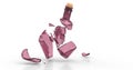 Smashed broken glass wine empty bottle. Pink color shards.
