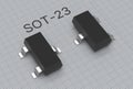 SMD SOT-23 electronic transistor placed on blueprint 3d illustration