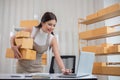 SME business entrepreneurs small in asia Preparing cardboard boxes in home office Small business operators preparing to Royalty Free Stock Photo