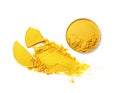 Smear of crushed yellow eyeshadow as sample of cosmetic product