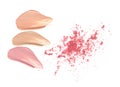 Smear makeup tone and pink cheek powder on white