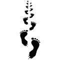 Smeared human chain footprints from first person perspective. Footsteps humanoid bare feet extending straight into