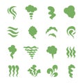 Smell icons. Steaming stench, vapor and cooking steam. Green expired food odor isolated symbols