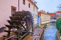 The Smeltery Water Mill wheel on the Devil`s Canal, Prague, Czech Republic Royalty Free Stock Photo