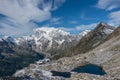 Smeraldo lake and funicular station with Rosa Mount on the background. View from Monte Moro pass near Macugnaga, Italy