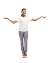 Smile, arms out for presentation and happy woman isolated on transparent png background for advertising promo. Happiness