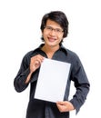 Smile asian man showing blank paper