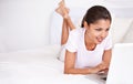 Smile, bedroom and woman with laptop for online research, social media blog and reading morning news at home. Mockup Royalty Free Stock Photo