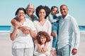 Smile, big family and portrait at beach on vacation, bonding and care at seashore. Holiday relax, summer ocean and happy Royalty Free Stock Photo