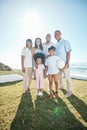 Smile, big family and portrait at ocean on vacation, holiday or summer travel mockup space. Beach, happy grandparents Royalty Free Stock Photo