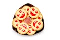 Smile biscuits with red jelly. Isolated on a white background.