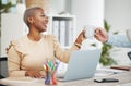 Smile, black woman at desk and coffee break in creative office with laptop and cup in hands. Gratitude, tea time and Royalty Free Stock Photo