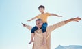 Smile, blue sky and father with child on shoulder for bonding, quality time and relaxing on weekend. Family, beach and