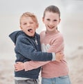 Smile, brother and sister with hug, happy and embrace being cheerful, fun and laugh together on summer break. Portrait