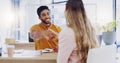 Smile, business people and handshake for partnership, deal or introduction in workplace. Happy, man and woman shaking Royalty Free Stock Photo