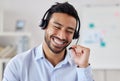 Smile, call center and Asian man telemarketing, customer service or technical support. Crm, contact us and sales agent Royalty Free Stock Photo