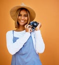 Smile, camera and photographer with portrait of woman for creative, retro and shooting photos. Fashion, happiness and