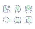 Smile chat, Face id and Bitcoin pay icons set. Employee hand, Idea head and Like signs. Vector