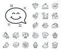 Smile chat line icon. Happy face sign. Emoticon speech bubble. Crepe, sweet popcorn and salad. Vector