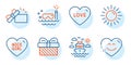 Smile chat, Scuba diving and Sun icons set. Nice girl, Gift and Opened gift signs. Ship travel, Love symbols. Vector