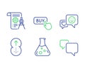Smile, Chemistry lab and Swipe up icons set. Divider document, Buy button and Speech bubble signs. Vector