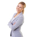 Smile, crossed arms and portrait of woman in studio with positive, good and confident attitude. Happy, pride and young Royalty Free Stock Photo