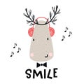 Smile - Cute deer with headphones and lettering. Hand drawn kids nursery poster in scandinavian style. Royalty Free Stock Photo