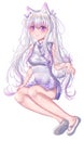 Smile Cute Nekomimi Anime Girl With Purple Cheongsam Outfit, White Twintail Hair, Purple Eyes And White Tail