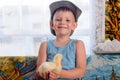 Smile Cute Young Boy Holding his Chick Pet Royalty Free Stock Photo