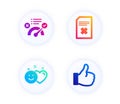 Smile, Delete file and Correct answer icons set. Like sign. Social media like, Remove document, Approved. Vector