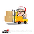 Smile delivery man thumb up on forklift truck , and package deli