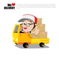 Smile delivery man thumb up on truck , and package delivery cart Royalty Free Stock Photo