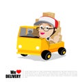 Smile delivery man thumb up on truck , and package delivery cart