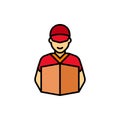 Smile delivery order courier with uniform and box icon. Vector illustration in cartoon style.