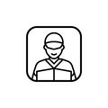 Smile delivery order courier with uniform and box in circle line icon. Vector illustration in cartoon style.