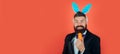 Smile easter. Happy easter and funny easter day. Bunny rabbit man with bunny ears Celebrating Easter. Wide photo banner Royalty Free Stock Photo