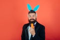 Smile easter. Happy easter and funny easter day. Bunny rabbit man with bunny ears Celebrating Easter. Royalty Free Stock Photo