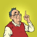 Smile elderly man with glasses attention gesture index finger up