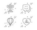 Smile face, Air balloon and Attraction icons set. Be true sign. Chat, Sky travelling, Free fall. Vector