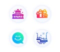 Smile face, Circus and Holiday presents icons set. Bumper cars sign. Chat, Attraction park, Gift boxes. Vector