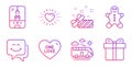 Smile face, Present and Crane claw machine icons set. Heart, Gingerbread man and One love signs. Vector Royalty Free Stock Photo