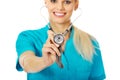 Smile female doctor or nurse uses stethoscope