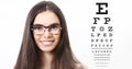 smile female face with spectacles on eyesight test chart background, eye examination ophthalmology concept Royalty Free Stock Photo