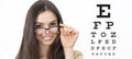 Smile female face with spectacles on eyesight test chart Royalty Free Stock Photo