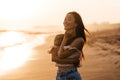 Smile Freedom and happiness chinese woman on beach.