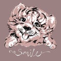 Smile funny tiger head for kids. Drawn black, grey, pink cute baby tiger face, portrait. Little baby animal vector print