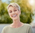 Smile, garden and portrait of senior woman with happy healthy face relaxing in summer sun. Nature, health and wellness Royalty Free Stock Photo